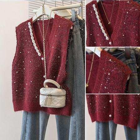 FA56606# 大码女装冬季新款韩版高级感潮流亮片显瘦修身微透马甲上衣 服裝批發女裝批發服飾貨源