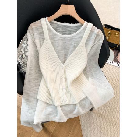 FA56610# 早春韩系氛围感穿搭别致设计感叠穿针织衫吊带背心两件套上衣 服裝批發女裝批發服飾貨源