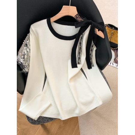 FA56611# 法式蕾丝绑带露肩长袖针织衫女春季新款气质撞色别致上衣 服裝批發女裝批發服飾貨源