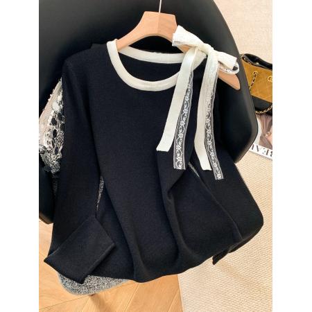 FA56611# 法式蕾丝绑带露肩长袖针织衫女春季新款气质撞色别致上衣 服裝批發女裝批發服飾貨源