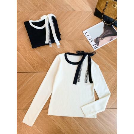 FA56611# 法式蕾丝绑带露肩长袖针织衫女春季新款气质撞色别致上衣 服裝批發女裝批發服飾貨源