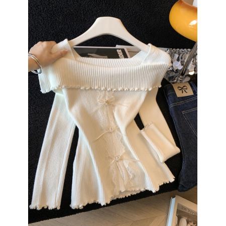 FA56613# 早春季法式温柔风一字肩木耳边针织衫女拼接蕾丝显瘦上衣 服裝批發女裝批發服飾貨源