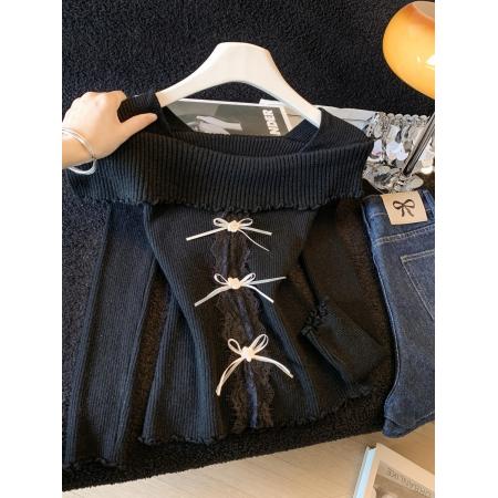 FA56613# 早春季法式温柔风一字肩木耳边针织衫女拼接蕾丝显瘦上衣 服裝批發女裝批發服飾貨源