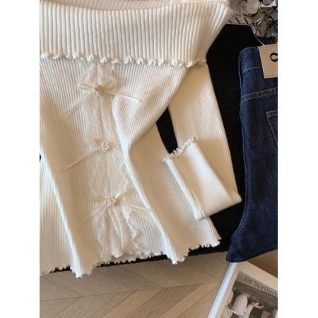 FA56613# 早春季法式温柔风一字肩木耳边针织衫女拼接蕾丝显瘦上衣 服裝批發女裝批發服飾貨源