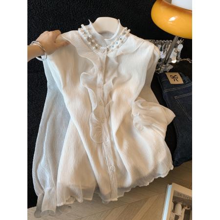 FA56614# 木耳边立领工艺钉珠衬衫女春季新款气质温柔风优雅衬衣上衣 服裝批發女裝批發服飾貨源
