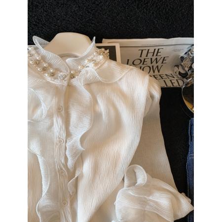 FA56614# 木耳边立领工艺钉珠衬衫女春季新款气质温柔风优雅衬衣上衣 服裝批發女裝批發服飾貨源