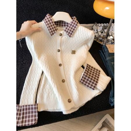 FA56615# 春季韩系假两件翻领针织格子袖开衫减龄显瘦上衣女 服裝批發女裝批發服飾貨源