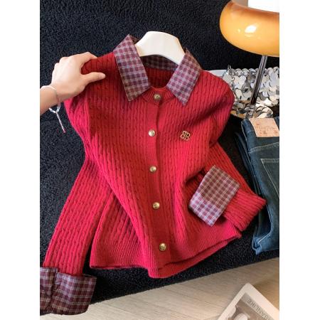 FA56615# 春季韩系假两件翻领针织格子袖开衫减龄显瘦上衣女 服裝批發女裝批發服飾貨源