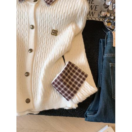 FA56615# 春季韩系假两件翻领针织格子袖开衫减龄显瘦上衣女 服裝批發女裝批發服飾貨源