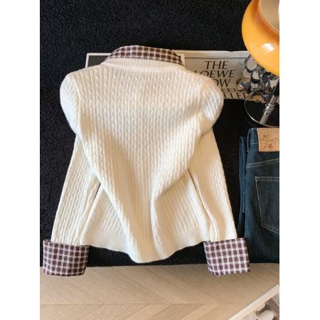 FA56615# 春季韩系假两件翻领针织格子袖开衫减龄显瘦上衣女 服裝批發女裝批發服飾貨源