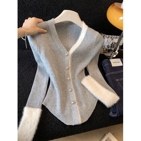 FA56616# 早春季假两件撞色拼接V领针织衫长袖毛衣女上衣开衫 服裝批發女裝批發服飾貨源