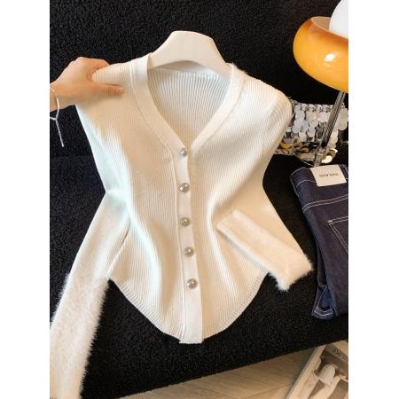 FA56616# 早春季假两件撞色拼接V领针织衫长袖毛衣女上衣开衫 服裝批發女裝批發服飾貨源