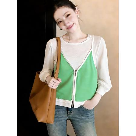 FA56617# 春季穿搭独特漂亮减龄小香风绿色吊带上衣七分袖真两件套 服裝批發女裝批發服飾貨源