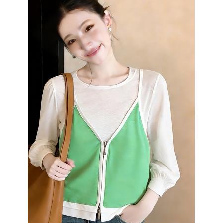 FA56617# 春季穿搭独特漂亮减龄小香风绿色吊带上衣七分袖真两件套 服裝批發女裝批發服飾貨源