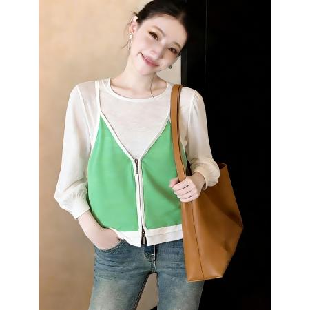 FA56617# 春季穿搭独特漂亮减龄小香风绿色吊带上衣七分袖真两件套 服裝批發女裝批發服飾貨源