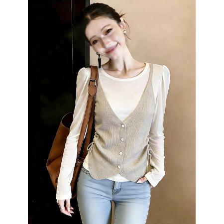 FA56619# 温柔风抽绳长袖假两件针织衫女春秋修身设计感拼接毛衣 服裝批發女裝批發服飾貨源