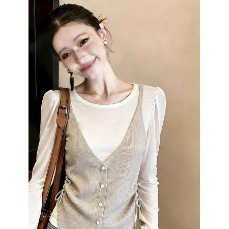 FA56619# 温柔风抽绳长袖假两件针织衫女春秋修身设计感拼接毛衣 服裝批發女裝批發服飾貨源