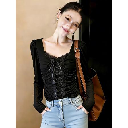 FA56620# 春季新款甜美气质蕾丝边U型领绑带泡泡肩雪纺衫小衫 服裝批發女裝批發服飾貨源