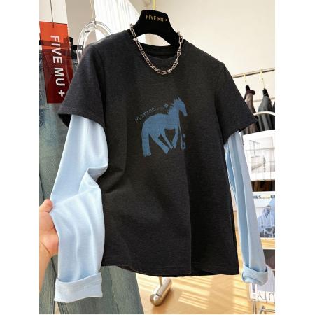 FA56621# 德绒大码300斤春韩系卡通印花拼接假两件长袖T恤女内搭打底衫上衣 服裝批發女裝批發服飾貨源