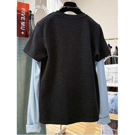 FA56621# 德绒大码300斤春韩系卡通印花拼接假两件长袖T恤女内搭打底衫上衣 服裝批發女裝批發服飾貨源