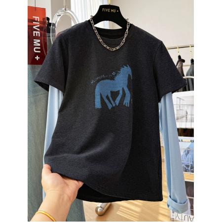 FA56621# 德绒大码300斤春韩系卡通印花拼接假两件长袖T恤女内搭打底衫上衣 服裝批發女裝批發服飾貨源