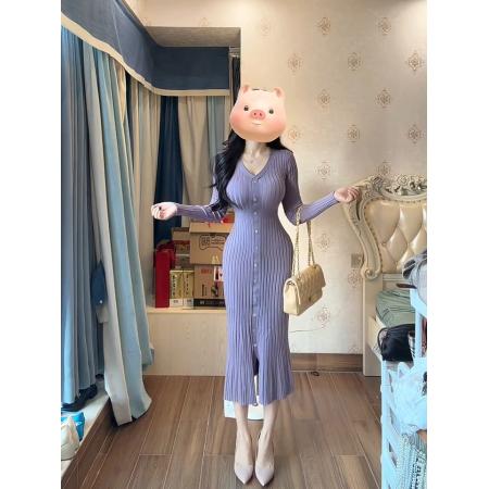 FA56622# 丁香情愫羊毛V领针织鱼尾连衣裙秋冬圣诞包臀裙 服裝批發女裝批發服飾貨源