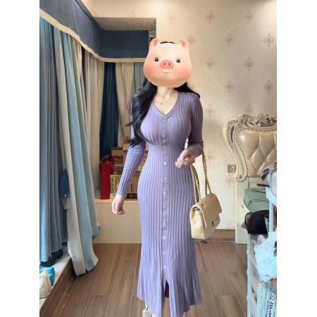 FA56622# 丁香情愫羊毛V领针织鱼尾连衣裙秋冬圣诞包臀裙 服裝批發女裝批發服飾貨源
