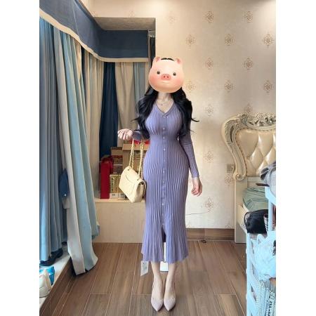 FA56622# 丁香情愫羊毛V领针织鱼尾连衣裙秋冬圣诞包臀裙 服裝批發女裝批發服飾貨源