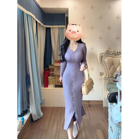FA56622# 丁香情愫羊毛V领针织鱼尾连衣裙秋冬圣诞包臀裙 服裝批發女裝批發服飾貨源