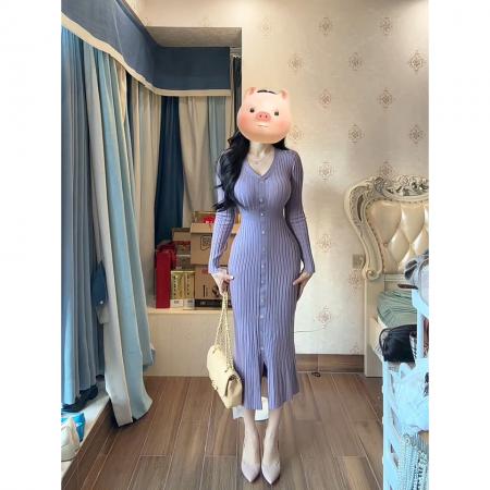 FA56622# 丁香情愫羊毛V领针织鱼尾连衣裙秋冬圣诞包臀裙 服裝批發女裝批發服飾貨源