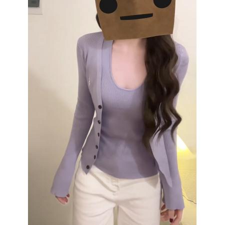 FA56623# 春秋针织开衫外套女长袖薄款挂脖背心紫色设计感两件套装 服裝批發女裝批發服飾貨源