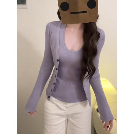 FA56623# 春秋针织开衫外套女长袖薄款挂脖背心紫色设计感两件套装 服裝批發女裝批發服飾貨源