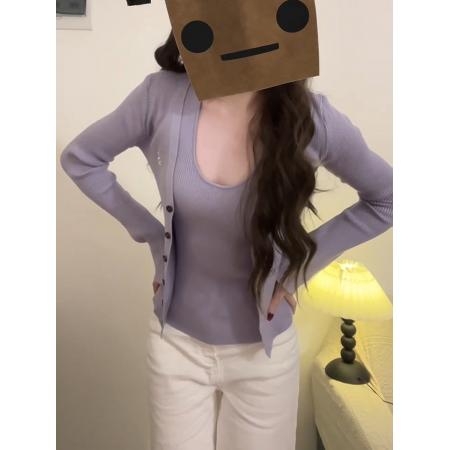 FA56623# 春秋针织开衫外套女长袖薄款挂脖背心紫色设计感两件套装 服裝批發女裝批發服飾貨源