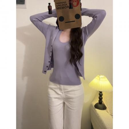FA56623# 春秋针织开衫外套女长袖薄款挂脖背心紫色设计感两件套装 服裝批發女裝批發服飾貨源