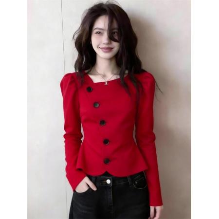 FA56629# 轻奢风红色泡泡袖排扣上衣通勤显白气质多纽扣设计春季新款女 服裝批發女裝批發服飾貨源