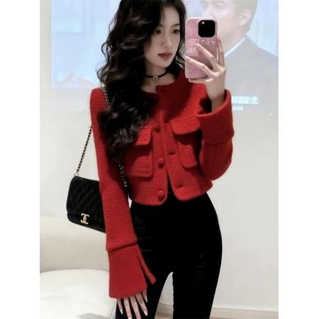 FA56630# 红色小香风外套新款今年流行爆款高端气质时髦圣诞新年上衣冬 服裝批發女裝批發服飾貨源