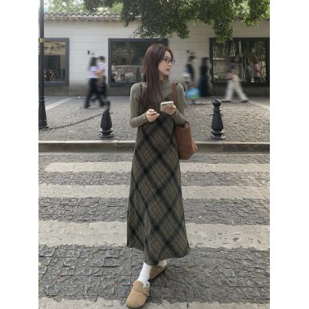 FA56632# 温柔风秋冬新款连衣裙设计感别致格纹吊带裙百搭打底衫 服裝批發女裝批發服飾貨源