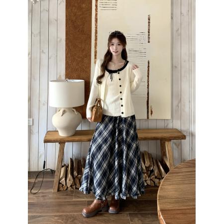 FA56633# 温柔风秋冬新款设计感软糯毛衣外套小吊带复工格纹半身裙 服裝批發女裝批發服飾貨源