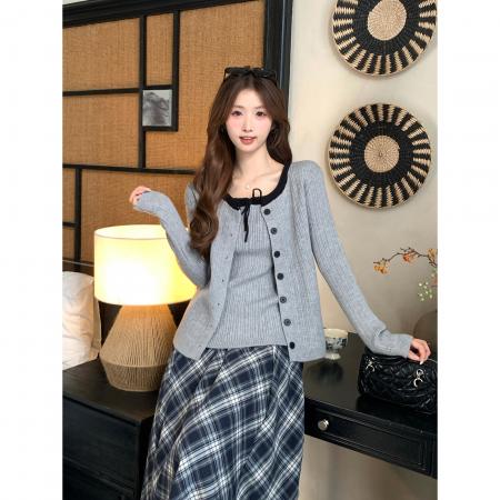 FA56633# 温柔风秋冬新款设计感软糯毛衣外套小吊带复工格纹半身裙 服裝批發女裝批發服飾貨源