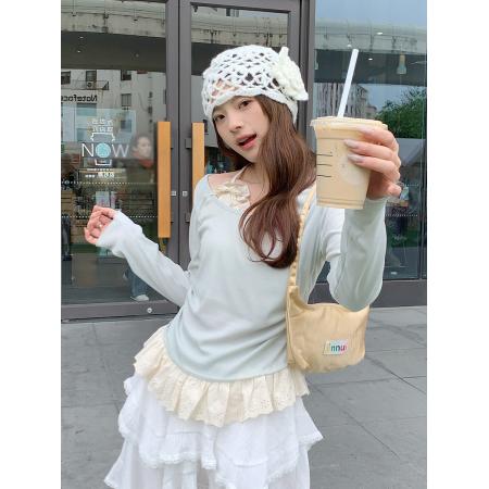 FA56634# 纯欲风春季新款上衣设计感小众假两件花边拼接蝴蝶结T恤 服裝批發女裝批發服飾貨源