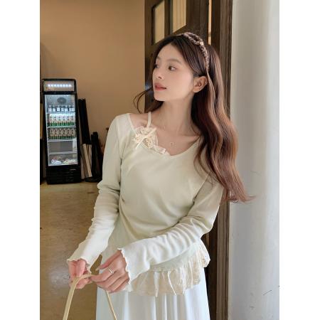 FA56634# 纯欲风春季新款上衣设计感小众假两件花边拼接蝴蝶结T恤 服裝批發女裝批發服飾貨源