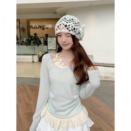 FA56634# 纯欲风春季新款上衣设计感小众假两件花边拼接蝴蝶结T恤 服裝批發女裝批發服飾貨源