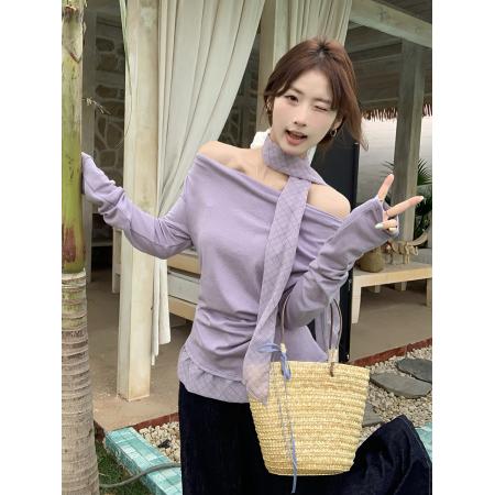 FA56635# 韩式假两件上衣设计感格纹拼接配丝巾别致叠穿打底T恤 服裝批發女裝批發服飾貨源