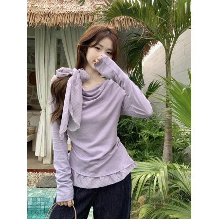 FA56635# 韩式假两件上衣设计感格纹拼接配丝巾别致叠穿打底T恤 服裝批發女裝批發服飾貨源