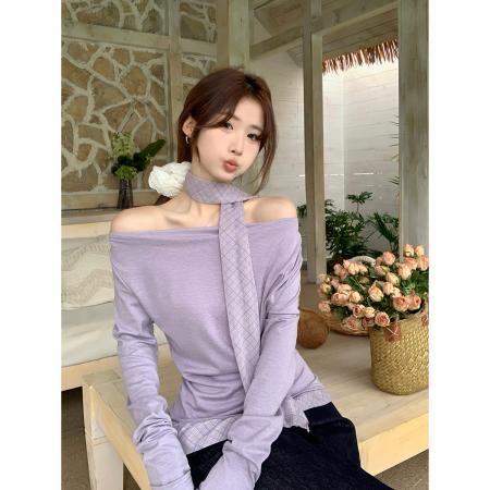 FA56635# 韩式假两件上衣设计感格纹拼接配丝巾别致叠穿打底T恤 服裝批發女裝批發服飾貨源