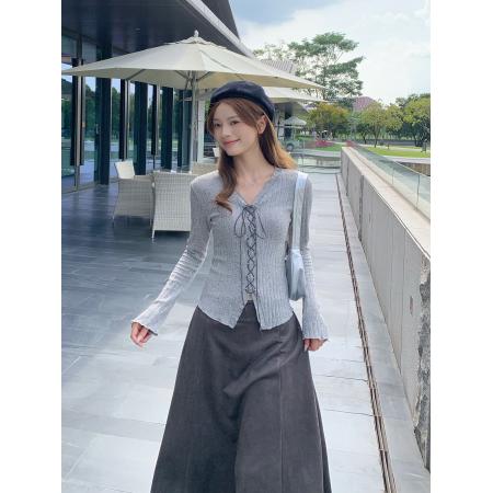 FA56636# 温柔风秋季新款套装设计感木耳边别致绑带上衣百搭半身裙 服裝批發女裝批發服飾貨源