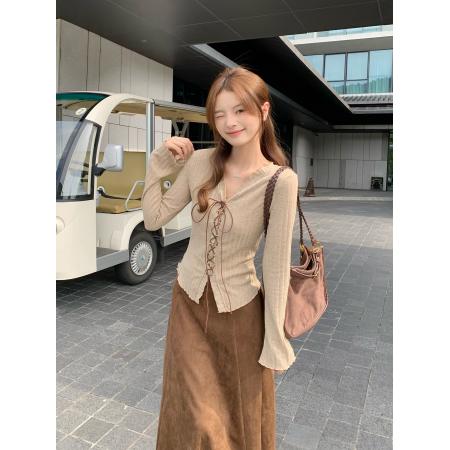 FA56636# 温柔风秋季新款套装设计感木耳边别致绑带上衣百搭半身裙 服裝批發女裝批發服飾貨源