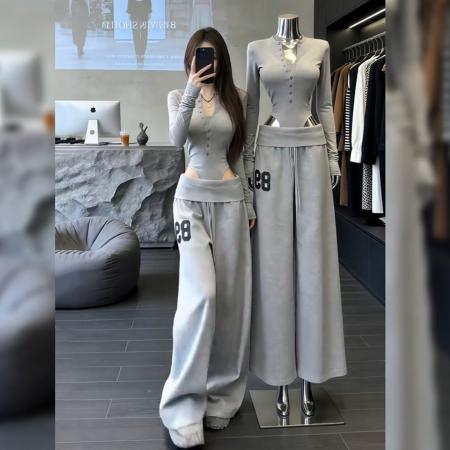 FA56638# 韩版气质修身连体上衣阔腿长裤女装春季新款辣妹休闲运动套装 服裝批發女裝批發服飾貨源