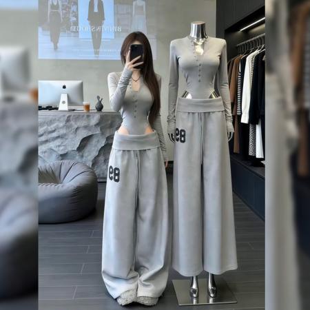 FA56638# 韩版气质修身连体上衣阔腿长裤女装春季新款辣妹休闲运动套装 服裝批發女裝批發服飾貨源