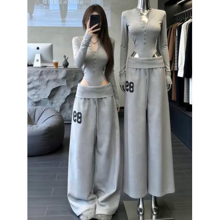 FA56638# 韩版气质修身连体上衣阔腿长裤女装春季新款辣妹休闲运动套装 服裝批發女裝批發服飾貨源